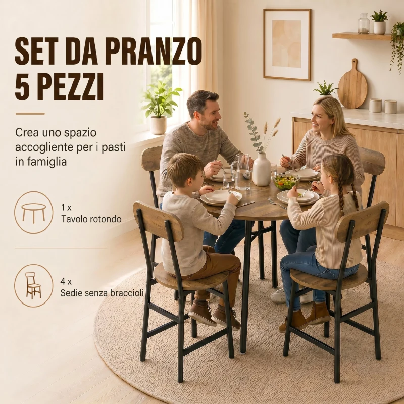 HOMCOM Set pranzo 5 pezzi: tavolo e 4 sedie, gambe metallo, finitura naturale.