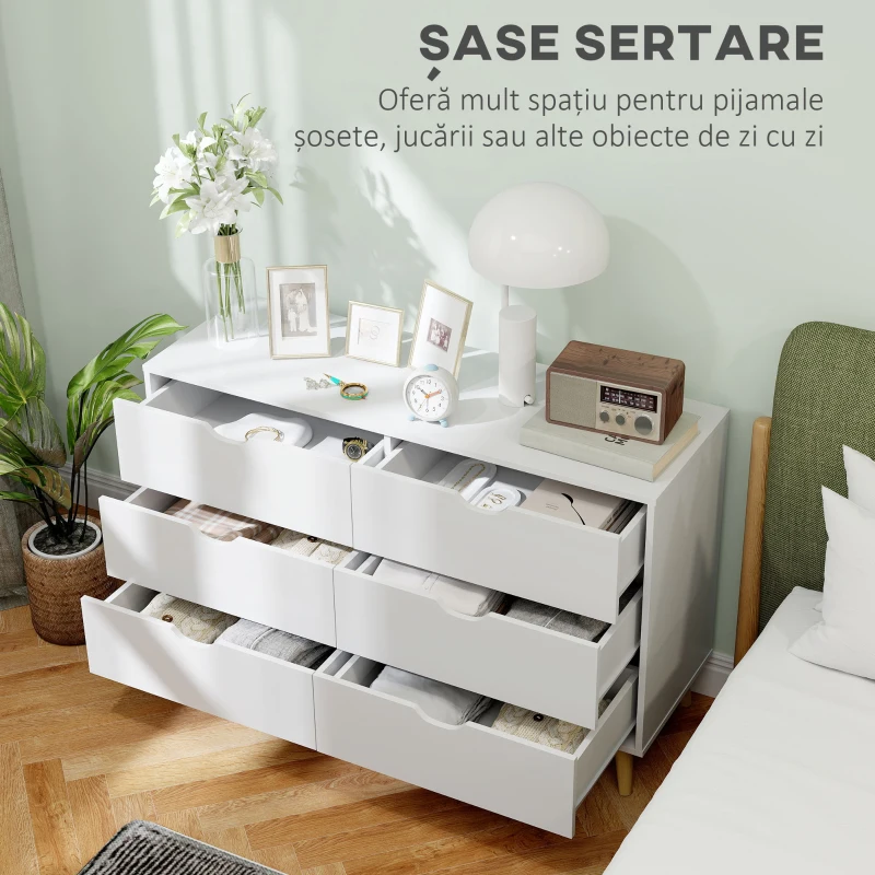 HOMCOM Comodă cu 6 sertare cu mânere laminate, din lemn de pin, 120x40x76 cm, albă și culoare lemn