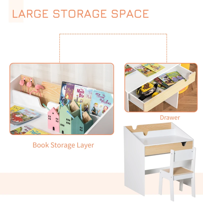 HOMCOM Kids Desk and Chair Set 2 Pieces Children Study Table with Storage Pull-Out Drawer Bookshelf for 3-6 Years Writing, Reading, Drawing, White