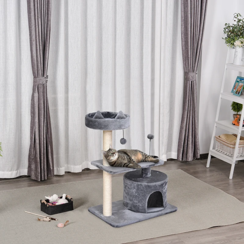 PawHut Árvore Arranhador para Gatos Médios com Cama Plataforma Caverna Poste de Sisal e Bolas de Brinquedo 60x40x81 cm Cinza