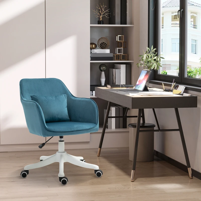 HOMCOM Sedia da Ufficio in Velluto con Funzione Massaggio e Cuscino Lombare Integrato, Altezza Regolabile, Girevole a 360°, Blu