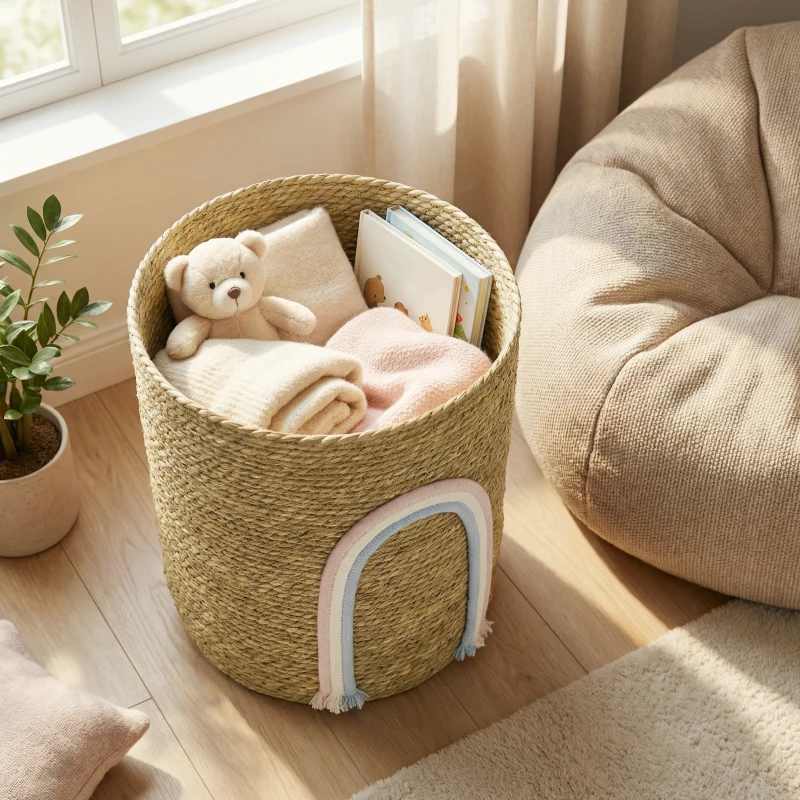 HOMCOM 24,7L Aufbewahrungskorb mit Regenbogen-Dekoration, großer geflochtener Korb für Badezimmer, Schlafzimmer, Natur