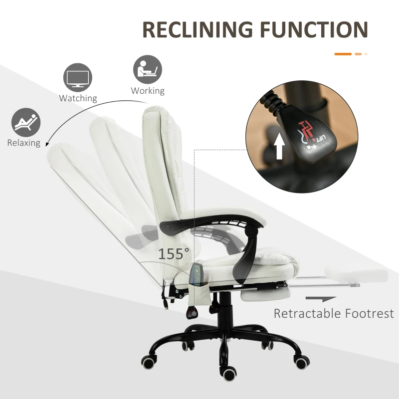 Vinsetto Scaun de birou de masaj, scaun de birou, scaun ergonomic cu înălțime reglabilă, spătar inclinabil și telecomandă cu fir, suport pentru picioare retractabil și pivotant la 360°, alb