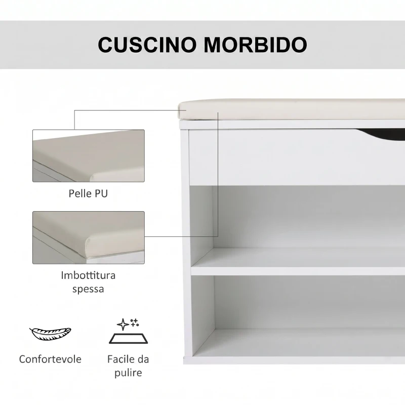 HOMCOM Panca Scarpiera, Mobile Portascarpe Salvaspazio con Sedile Imbottito Ribaltabile da Ingresso Legno, 80x30x47cm, Bianco
