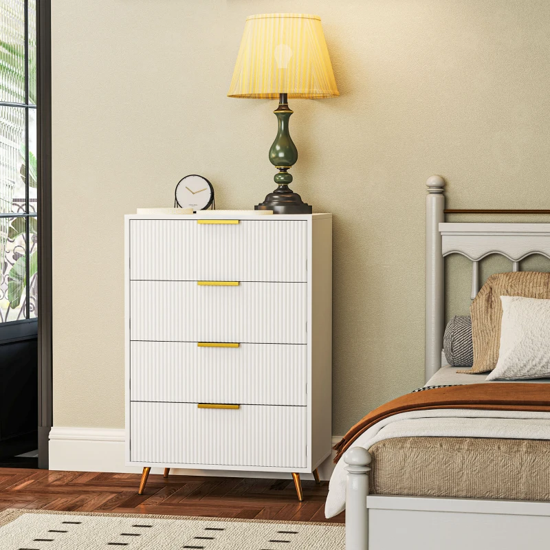 HOMCOM Cómoda com 4 Gavetas Cómoda de Dormitório Moderna com Desenho Ondulado Anti-Tombo 60x40x90 cm Branco