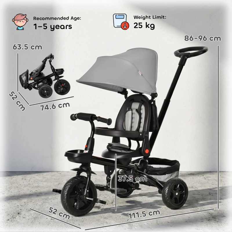 HOMCOM 4 in 1 Kids Trike Toddler Foldable Pedal Tricycle w/ Reversible Angle Adjustable Seat Removable Handle Canopy Belt Brake - Grey