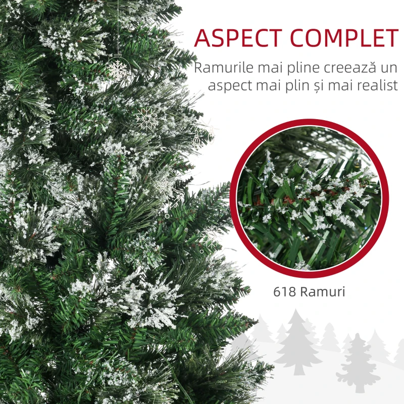HOMCOM Brad de Craciun 180cm Artificial cu 240 Lumini LED si 618 Ramuri, Brad Acoperit cu Zapada Inalt si Ingust cu Postament din Otel
