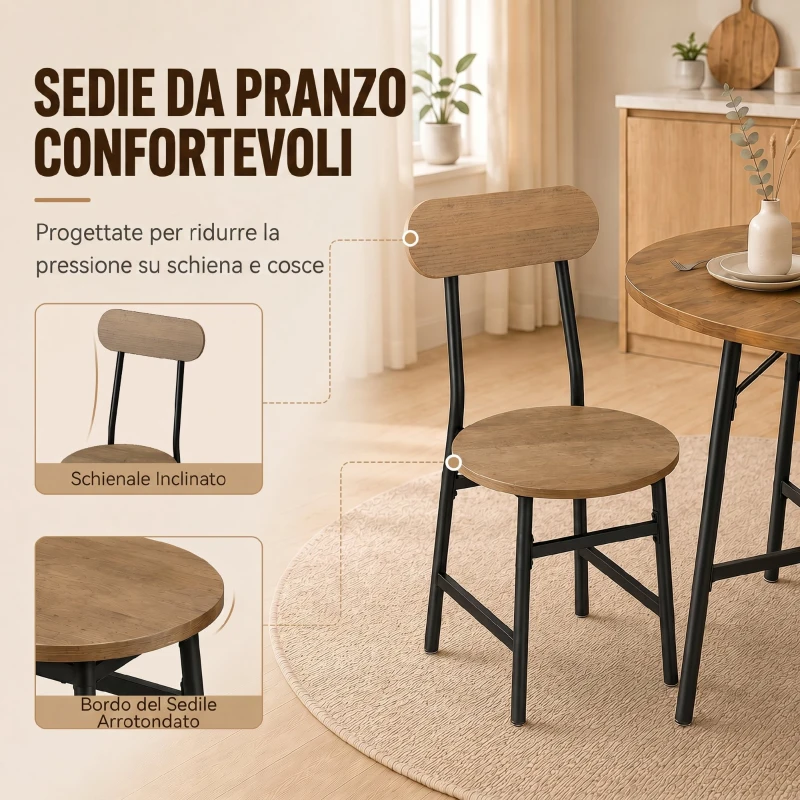 HOMCOM Set pranzo 5 pezzi: tavolo e 4 sedie, gambe metallo, finitura naturale.