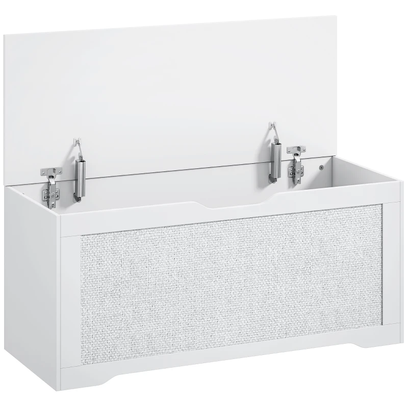 HOMCOM Coffre de rangement 108L Banco de rangement avec panneau en rotin Couvercle Bras de support pour entrée 80x40x45cm Blanc