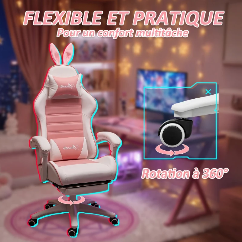 Vinsetto Chaise de gaming avec support lombaire, hauteur réglable, dossier inclinable, oreilles de lapin et appui-tête, rose