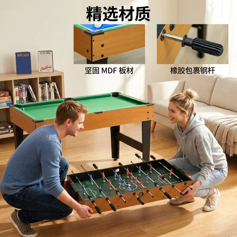 HOMCOM 4-in-1 Partyspieltisch inkl. Tischtennis, Kicker, Billard, Tischhockey, Metall, Holz, Natur+Schwarz