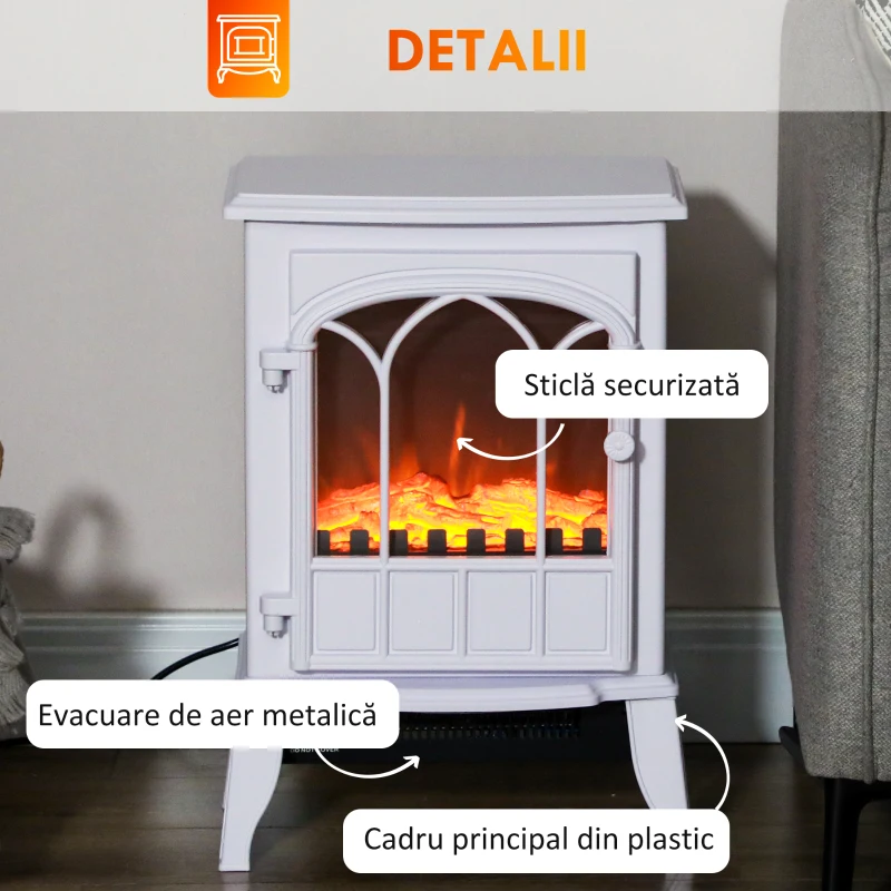 HOMCOM Șemineu Electric de Podea, Putere 1000W / 2000W, cu Efect de Flacără Reglabil, 39x23x56,5cm, Alb