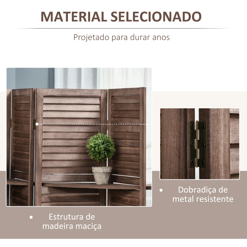 HOMCOM Biombo Dobrável de 4 Painéis de Madeira 162x170 cm Divisória de Ambiente com 3 Prateleiras Nogueira
