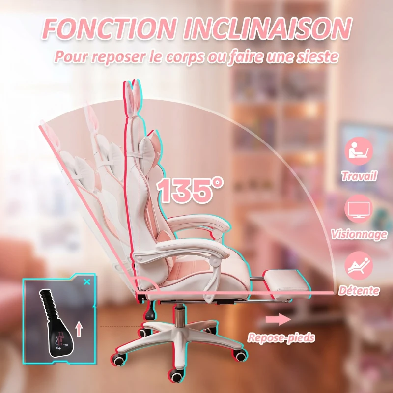 Vinsetto Chaise de gaming avec support lombaire, hauteur réglable, dossier inclinable, oreilles de lapin et appui-tête, rose