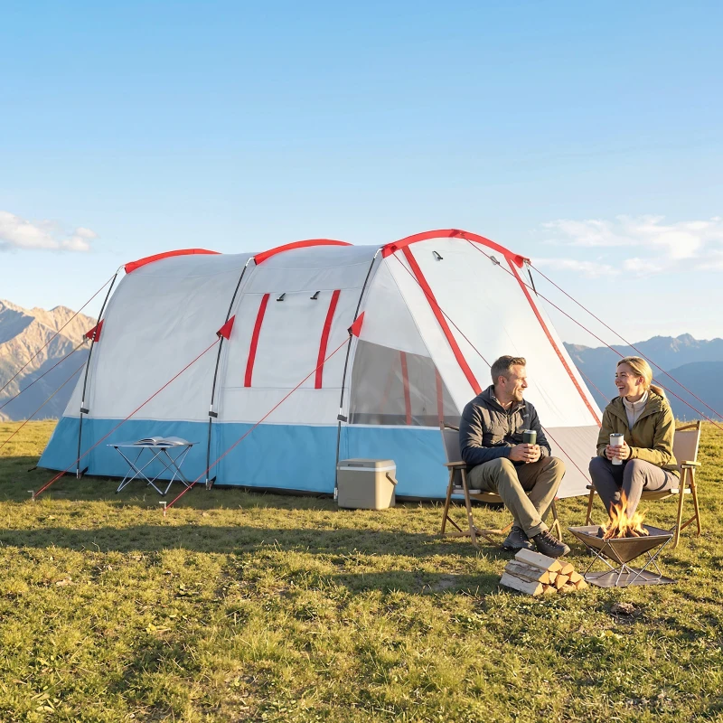 Outsunny Campingzelt, für 4 Personen, zwei Räume, Lampenhaken, mit Tragetasche, Blau, 5,10x2,40x1,80m