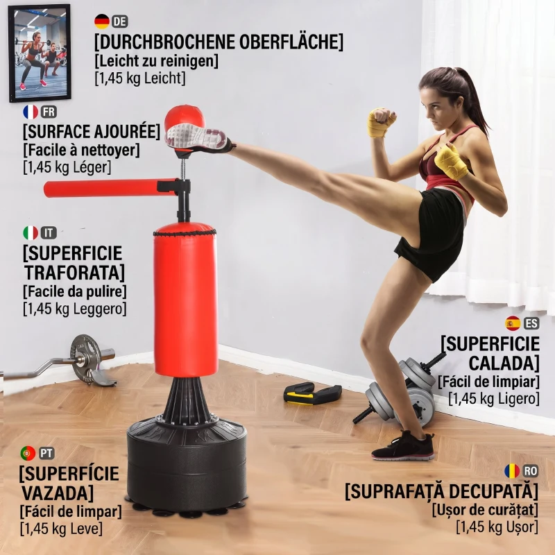 HOMCOM Sac de Box Reglabil pe Înălțime cu Punching Ball și Bază Umplibilă, 88x48x155-205 cm, Roșu și Negru