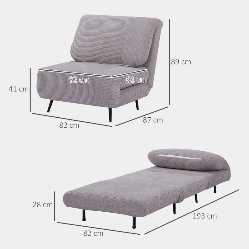 HOMCOM Poltrona Letto Singola 2 in 1 con Schienale Regolabile su 3 Livelli, in Legno e Acciaio, Grigio Chiaro
