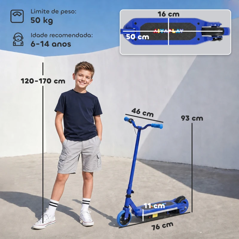 AIYAPLAY Trotinete Elétrica para Crianças Máx. 10 km/h Motor 80 W Autonomia Máxima 8 km Trotinete com Luzes LED Travão Traseiro 76x46x93 cm Azul