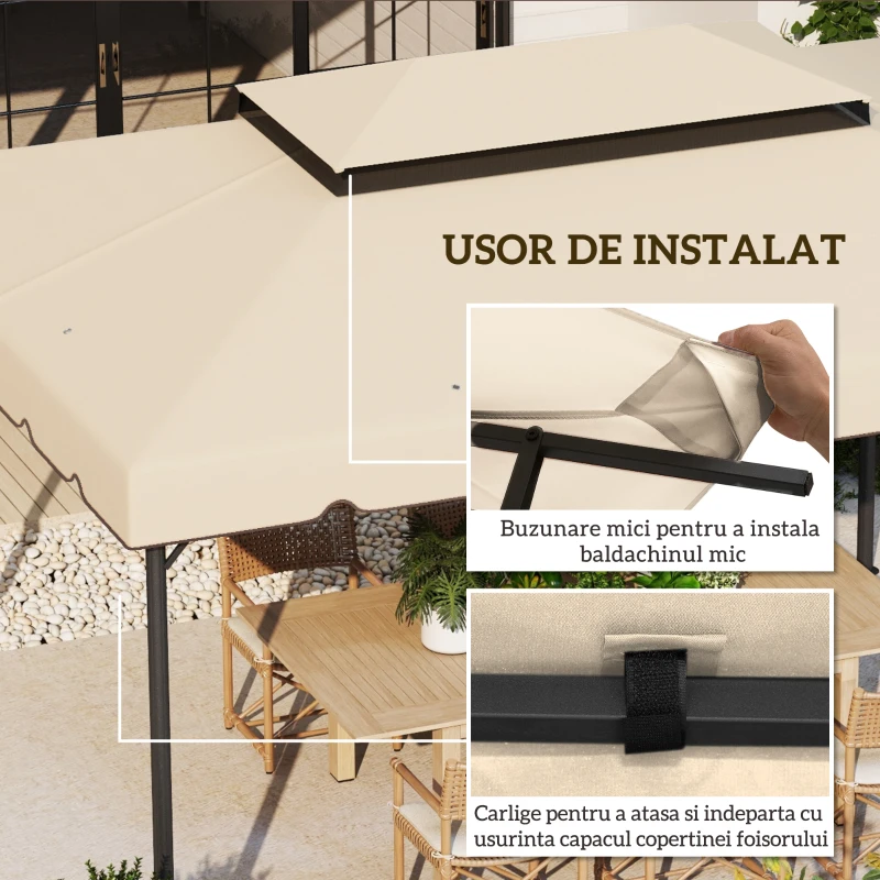 Outsunny Acoperiș de Schimb pentru Pavilion 3x3 m cu 2 Nivele pentru Grădină, Copertină Pavilion 3x3 Rezistentă la Apă din Poliester 170g/㎡ cu 8 Orificii de Drenaj, Doar Acoperiș, Alb Crem