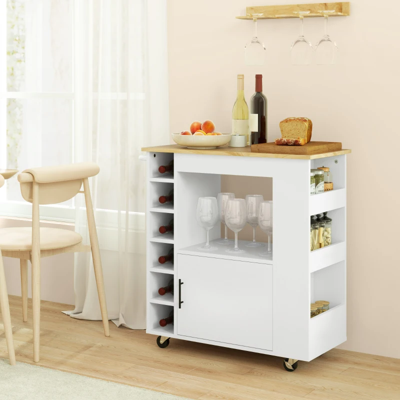 HOMCOM Küchenwagen, Rollbare Kücheninsel, Küchen-Trolley mit Fächern, Weinregalen, Schrank und Arbeitsfläche, Weiß