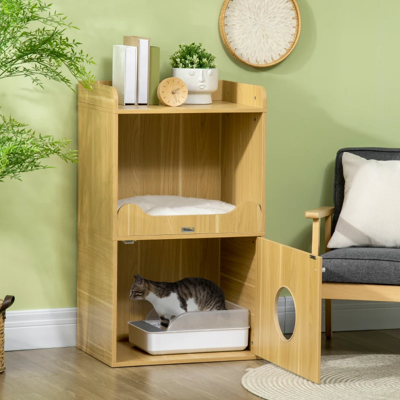 PawHut Maison de toilette pour chat meuble litière chat 3 niveaux compartiment fermé par une porte 1 coussin 60 x 45 x 103 cm