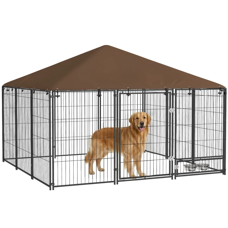 PawHut Recinto per Cani in Metallo e Tessuto Oxford con Porticina per Ciotole, 211x211x151 cm, Nero e Marrone