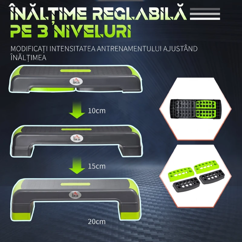 HOMCOM Step Fitness pentru aerobic reglabil pe 3 înălțimi de 10-15-20 cm, din plastic, verde și gri