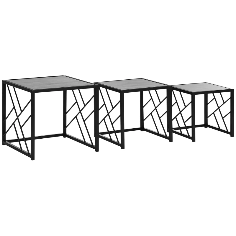 HOMCOM Set of 3 Nesting Coffee Tables, Square Side Tables with Black Metal Frame, for Living Room, Bedroom and Office, Grey