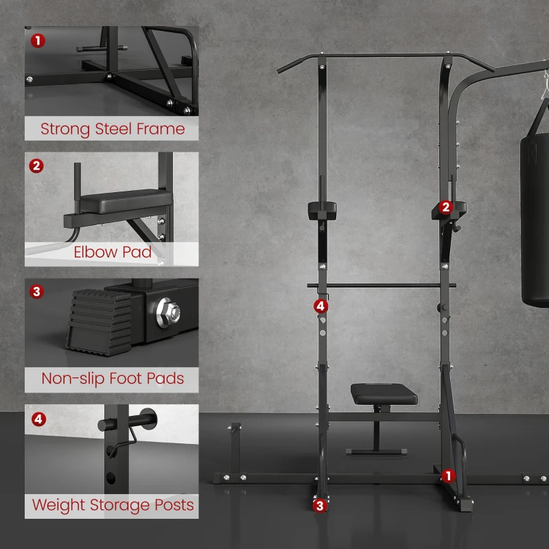 HOMCOM Home Gym Power Tower with Bench and Punching Bag, Multi-Function Adjustable Dip Sit Up Workout Station Equipment Heavy Duty for Home
