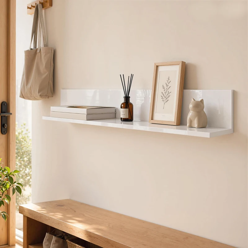 HOMCOM Mensola da Muro per Soggiorno e Camera da Letto, Spessore 1.5 cm, in Legno in Finitura Lucida, Bianco