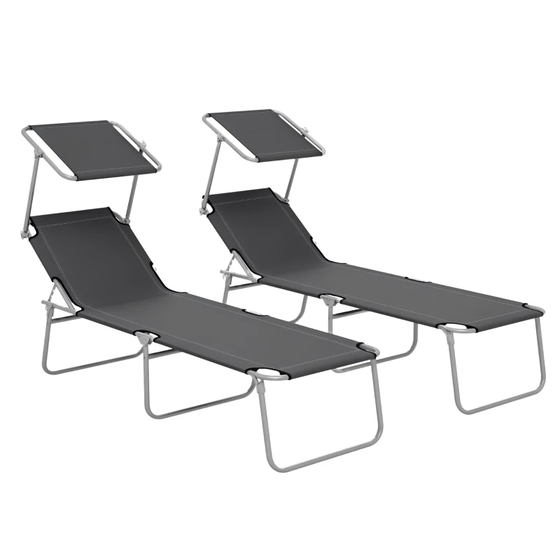 Outsunny Folding Sun Lounger Set of 2 with Canopy, Reclining Sunbed with 4-Position Adjustable Backrest, 600D Oxford Cloth, Portable Garden Lounger Recliner Chair for Beach, Camping, Patio, Grey