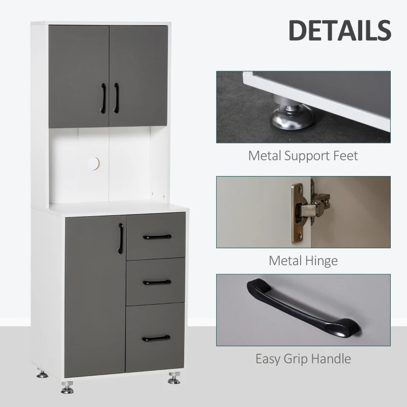 HOMCOM Freestanding Kitchen Cupboard,  Microwave Cabinet with Storage Cabinets,3 Drawers and Open Countertop for Dining Room, Grey