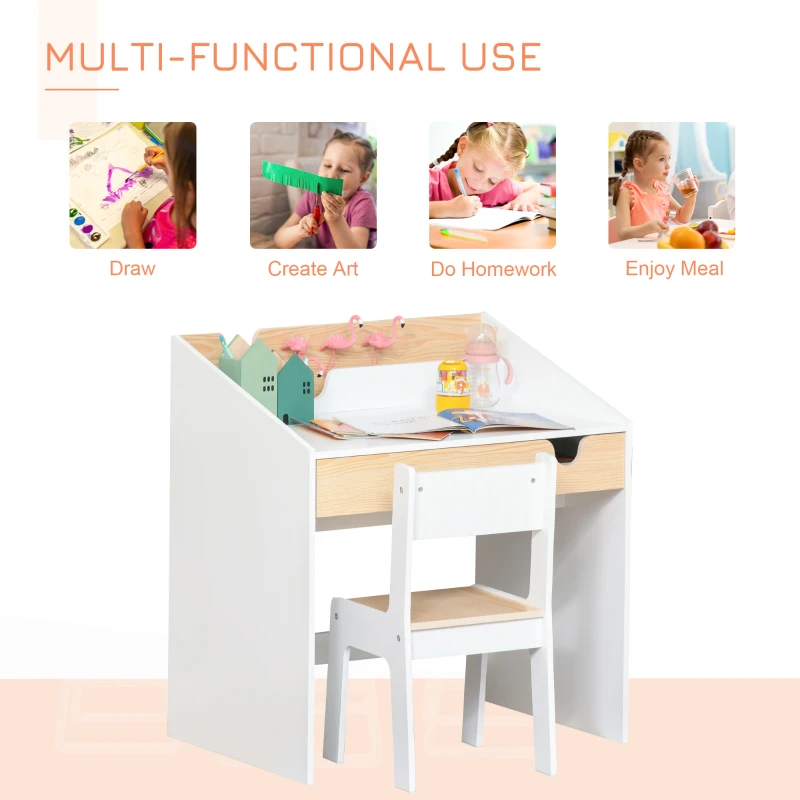 HOMCOM Kids Desk and Chair Set 2 Pieces Children Study Table with Storage Pull-Out Drawer Bookshelf for 3-6 Years Writing, Reading, Drawing, White