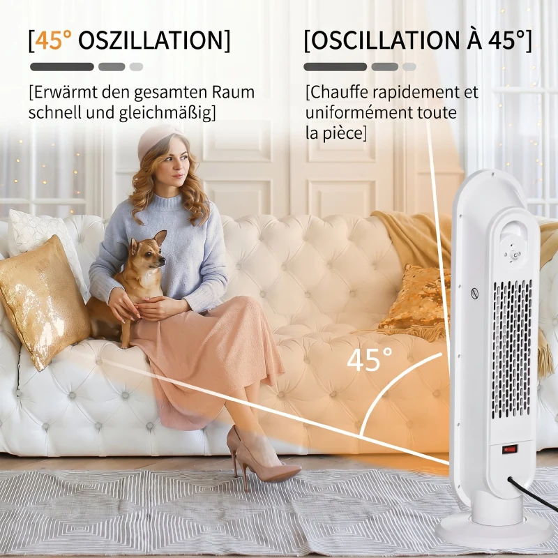 HOMCOM Radiator Electric Oscilant cu Telecomandă, Timer și 2 Moduri, din PP, PA și Metal, 21x21x63,5 cm, Alb și Negru