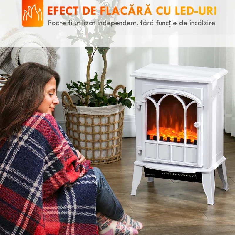 HOMCOM Șemineu Electric de Podea, Putere 1000W / 2000W, cu Efect de Flacără Reglabil, 39x23x56,5cm, Alb