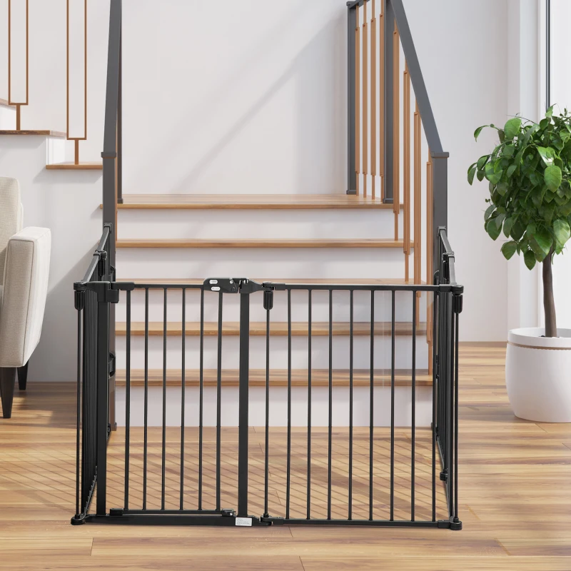 PawHut Dog Safety Gate 6-Panel Playpen Fireplace Christmas Tree Steel Fence Stair Barrier Room Divider Black