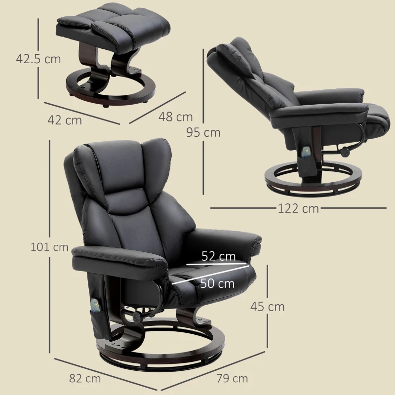 HOMCOM Poltrona Relax con Pouf Poggiapiedi e Funzione Massaggio, Reclinabile a 145° e Girevole a 360°, Nero