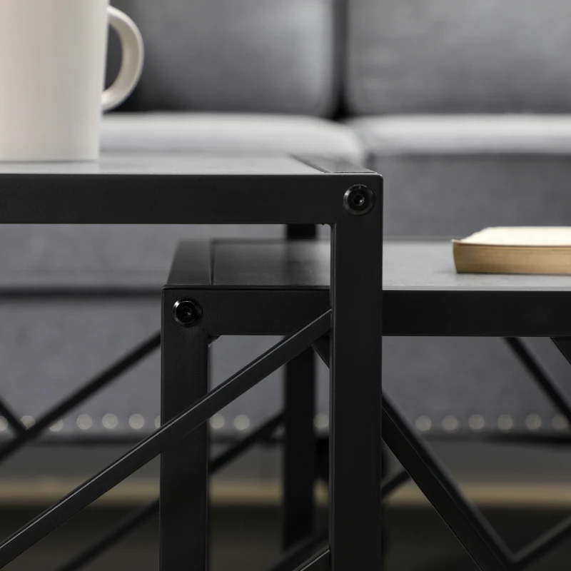HOMCOM Set of 3 Nesting Coffee Tables, Square Side Tables with Black Metal Frame, for Living Room, Bedroom and Office, Grey
