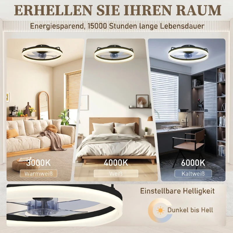HOMCOM Deckenventilator mit Licht und Fernbedienung, 50 cm LED-Deckenventilator mit 3 Farben, 6 Geschwindigkeiten, Timer, Dimmbar