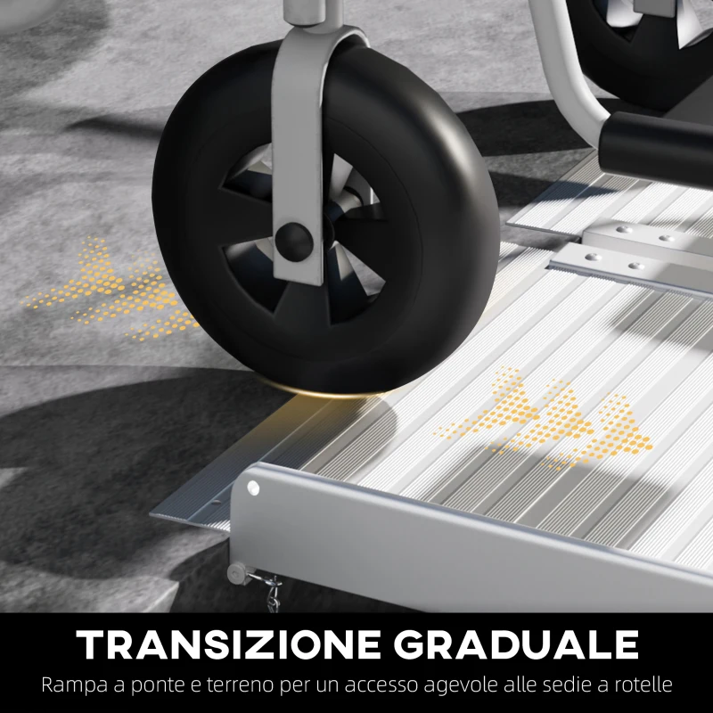 HOMCOM Rampa per Sedia a Rotelle e Scooter per Disabili Pieghevole e Antiscivolo in Alluminio, 305x73.5x5 cm, Argento