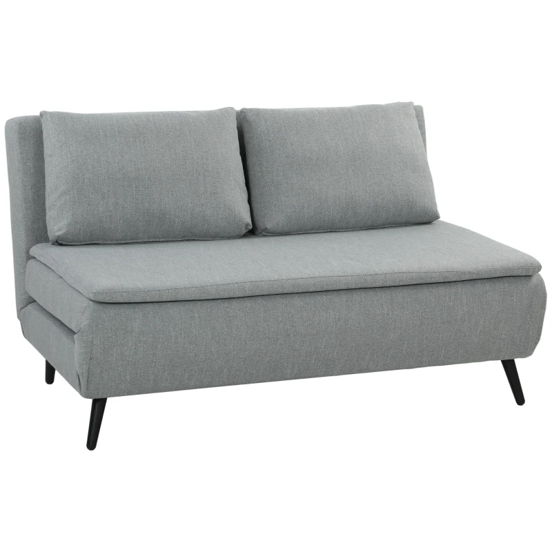 HOMCOM Divano Letto 2 Posti 3 in 1 in Tessuto Effetto Lino con 2 Cuscini, Struttura in Eucalipto, Grigio Chiaro