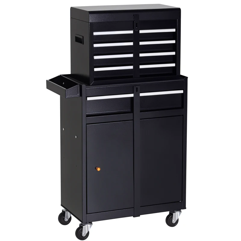 DURHAND Tool Chest 2 in 1 Metal Tool Cabinet Storage Box with 5 Drawers Pegboard Wheels 60x28x104.5cm Black