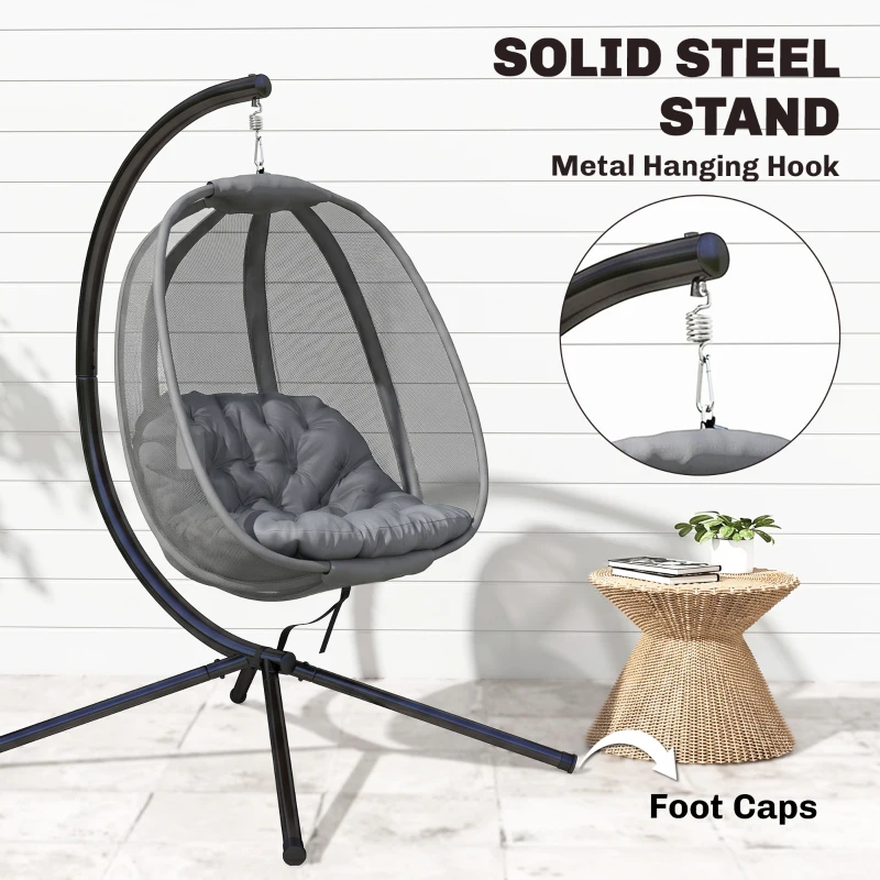 Outsunny Hanging Egg Chair, Folding Texteline Swing Hammock with Side Pocket, Cushion and Stand for Indoor Outdoor, Patio Garden Furniture, Grey