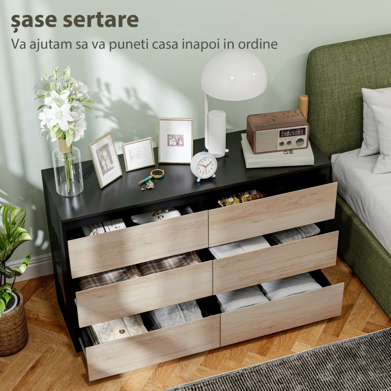 HOMCOM Comodă cu 6 Sertare pentru Dormitor din Lemn cu Șine Metalice, 120x39x75 cm, Neagră și de Culoarea Lemnului(m-5)