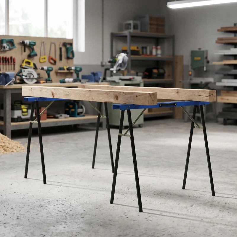 HOMCOM Set di 2 Cavalletti da Lavoro Pieghevoli con Superficie Antiscivolo in EVA per Lavori di Segatura, Blu e Nero