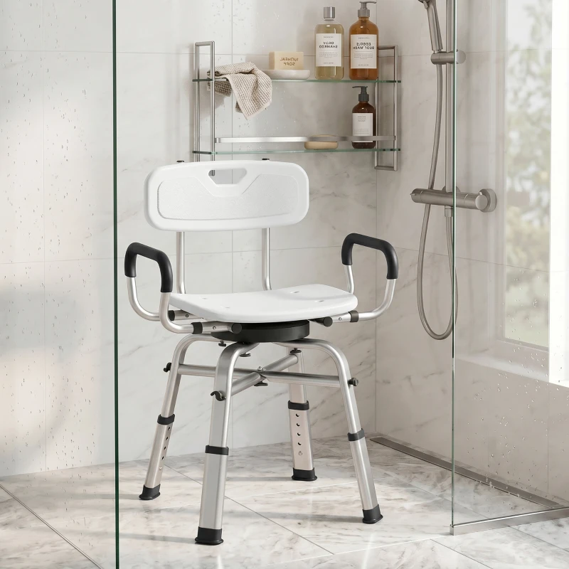HOMCOM Sedia per Doccia Girevole ad Altezza Regolabile con Braccioli, Schienale, Capacità 150 kg, Bianco