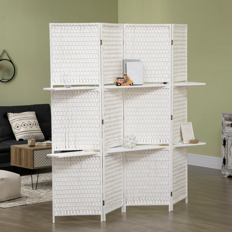 HOMCOM Biombo de 4 Painéis Dobrável Separador de Ambientes Divisor de Ambientes com Prateleiras 181x180cm Branco