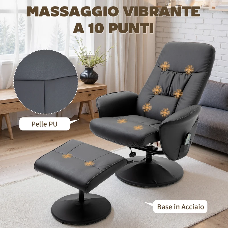 HOMCOM Poltrona Massaggiante con Pouf Poggiapiedi, Reclinabile a 145° con Seduta Girevole e 10 Punti Massaggio, Nero