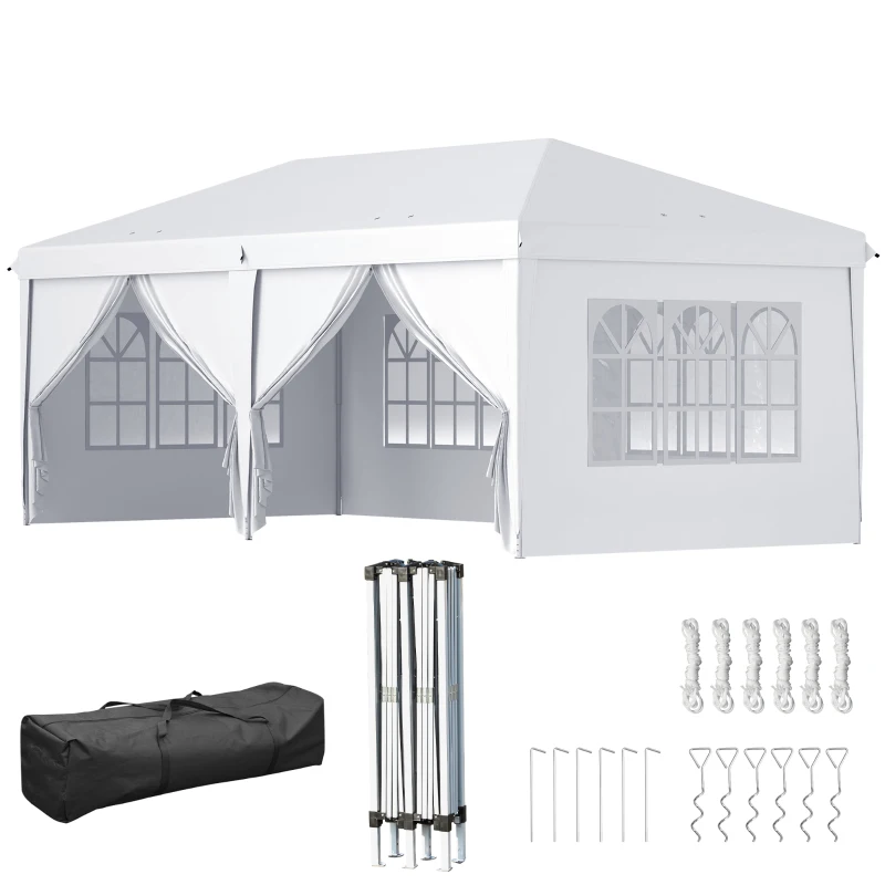 Outsunny Gazebo 6x3 m Pieghevole da Giardino a 6 Pareti in Acciaio e tessuto Oxford con Funi e Picchetti, Bianco