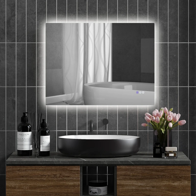 HOMCOM Oglindă de Baie Anticondens cu Luminozitate și Culoare Reglabilă, din Sticlă și Aluminiu, 80x60x4 cm